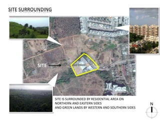 SITE
SITE SURROUNDING
SITE IS SURROUNDED BY RESIDENTIAL AREA ON
NORTHERN AND EASTERN SIDES
AND GREEN LANDS BY WESTERN AND SOUTHERN SIDES
 