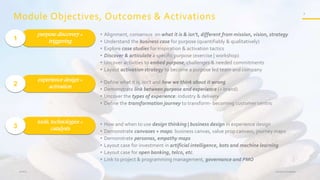 Module Objectives, Outcomes & Activations
3
Bringing it all together.19-Feb-4
purpose discovery +
triggering
tools, technologies +
catalysts
experience design +
activation
• Alignment, consensus on what it is & isn’t, different from mission, vision, strategy
• Understand the business case for purpose (quantifiably & qualitatively)
• Explore case studies for inspiration & activation tactics
• Discover & articulate a specific purpose (exercise | workshop)
• Uncover activities to embed purpose, challenges & needed commitments
• Layout activation strategy to become a purpose led team and company
• Define what it is, isn’t and how we think about it wrong
• Demonstrate link between purpose and experience (+ brand)
• Uncover the types of experience: industry & delivery
• Define the transformation journey to transform- becoming customer centric
• How and when to use design thinking | business design in experience design
• Demonstrate canvases + maps: business canvas, value prop canvass, journey maps
• Demonstrate personas, empathy maps
• Layout case for investment in artificial intelligence, bots and machine learning
• Layout case for open banking, telco, etc.
• Link to project & programming management, governance and PMO
1
2
3
 