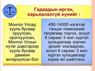 Гадаадын иргэн,
харьяалалгүй хүнийг :
Монгол Улсад
хууль бусаар
оруулсан,
орогнуулсан,
Монгол Улсын
нутаг дэвсгэрээр
хууль бусаар
дамжин
өнгөрүүлсэн бол
450-14000 нэгжтэй
тэнцэх хэмжээний
төгрөгөөр торгох, эсхүл
6 сараас 3 жил хүртэл
хугацаагаар зорчих
эрхийг хязгаарлах,
эсхүл 6 сараас 3 жил
хүртэл хугацаагаар
хорих ял шийтгэнэ.
 