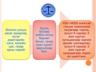 Монгол улсын
засаг захиргаа,
нутаг
дэвсгэрийн
нэгж, хилийн
цэс, газар
орны нэрийг
Хууль
бусаар
албан ёсны
баримт
бичиг, газар
зүйн зурагт
өөрчилсөн
бол:
450-14000 нэгжтэй
тэнцэх хэмжээний
төгрөгөөр торгох,
эсхүл 6 сараас 3
жил хүртэл
хугацаагаар зорчих
эрхийг хязгаарлах,
эсхүл 6 сараас 3
жил хүртэл
хугацаагаар хорих
ял шийтгэнэ.
 