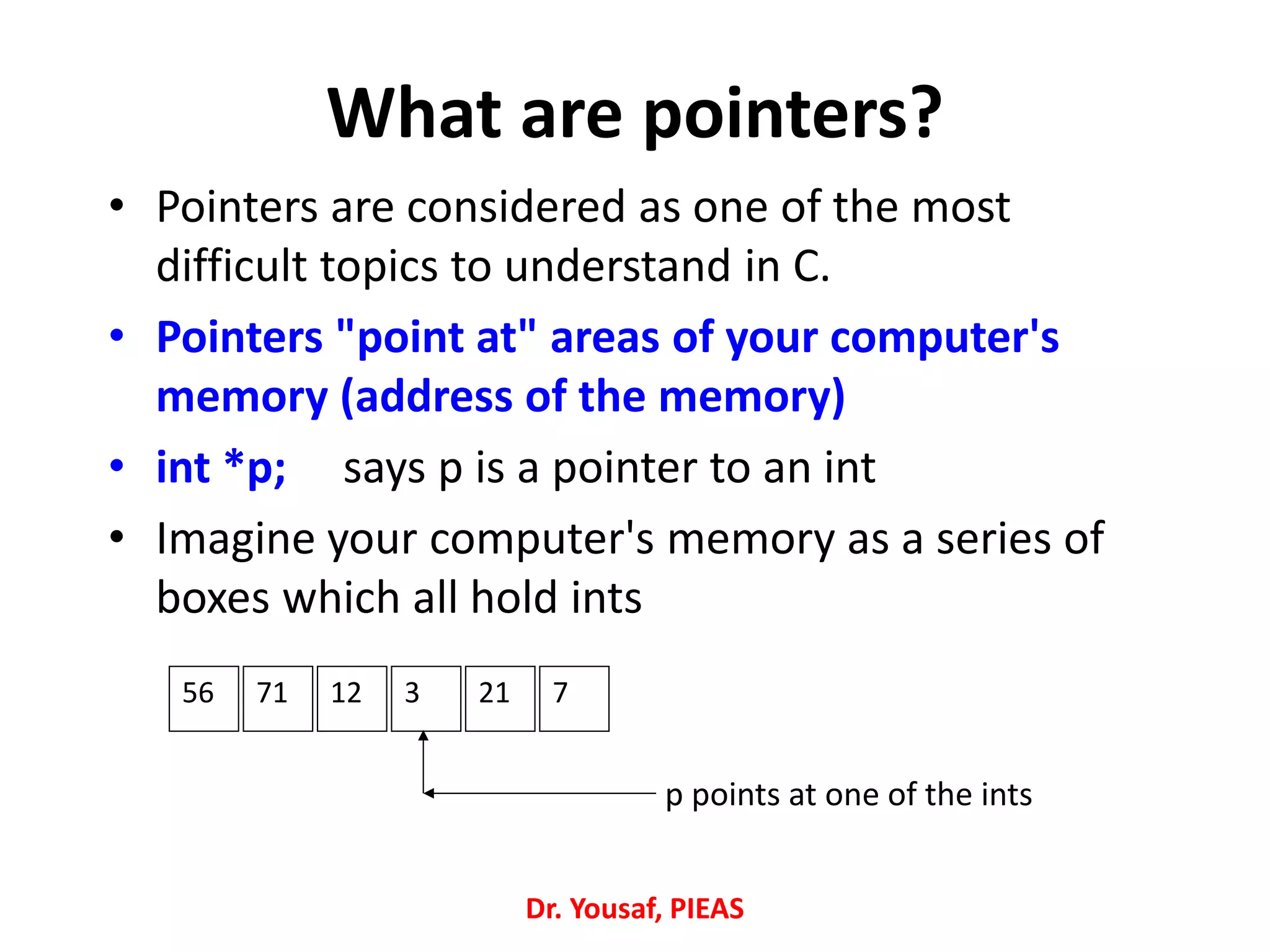 What are pointers?
• Pointers are considered as one of the most
difficult topics to understand in C.
• Pointers "point at" areas of your computer's
memory (address of the memory)
• int *p; says p is a pointer to an int
• Imagine your computer's memory as a series of
boxes which all hold ints
56 71 12 3 21 7
p points at one of the ints
Dr. Yousaf, PIEAS
 