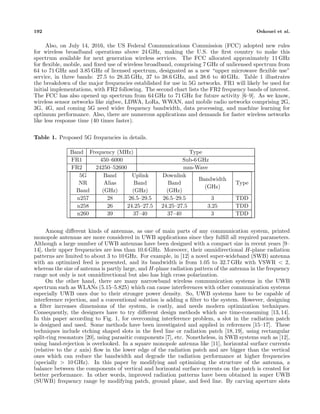 192 Oskouei et al.
Also, on July 14, 2016, the US Federal Communications Commission (FCC) adopted new rules
for wireless broadband operations above 24 GHz, making the U.S. the ﬁrst country to make this
spectrum available for next generation wireless services. The FCC allocated approximately 11 GHz
for ﬂexible, mobile, and ﬁxed use of wireless broadband, comprising 7 GHz of unlicensed spectrum from
64 to 71 GHz and 3.85 GHz of licensed spectrum, designated as a new “upper microwave ﬂexible use”
service, in three bands: 27.5 to 28.35 GHz, 37 to 38.6 GHz, and 38.6 to 40 GHz. Table 1 illustrates
the breakdown of the major frequencies established for use in 5G networks. FR1 will likely be used for
initial implementations, with FR2 following. The second chart lists the FR2 frequency bands of interest.
The FCC has also opened up spectrum from 64 GHz to 71 GHz for future activity [6–9]. As we know,
wireless sensor networks like zigbee, LDWA, LoRa, WWAN, and mobile radio networks comprising 2G,
3G, 4G, and coming 5G need wider frequency bandwidth, data processing, and machine learning for
optimum performance. Also, there are numerous applications and demands for faster wireless networks
like less response time (40 times faster).
Table 1. Proposed 5G frequencies in details.
Band Frequency (MHz) Type
FR1 450–6000 Sub-6GHz
FR2 24250–52600 mm-Wave
5G
NR
Band
Band
Alias
(GHz)
Uplink
Band
(GHz)
Downlink
Band
(GHz)
Bandwidth
(GHz)
Type
n257 28 26.5–29.5 26.5–29.5 3 TDD
n258 26 24.25–27.5 24.25–27.5 3.25 TDD
n260 39 37–40 37–40 3 TDD
Among diﬀerent kinds of antennas, as one of main parts of any communication system, printed
monopole antennas are more considered in UWB applications since they fulﬁll all required parameters.
Although a large number of UWB antennas have been designed with a compact size in recent years [9–
14], their upper frequencies are less than 10.6 GHz. Moreover, their omnidirectional H-plane radiation
patterns are limited to about 3 to 10 GHz. For example, in [12] a novel super-wideband (SWB) antenna
with an optimized feed is presented, and its bandwidth is from 1.05 to 32.7 GHz with VSWR < 2,
whereas the size of antenna is partly large, and H-plane radiation pattern of the antenna in the frequency
range not only is not omnidirectional but also has high cross polarization.
On the other hand, there are many narrowband wireless communication systems in the UWB
spectrum such as WLANs (5.15–5.825) which can cause interferences with other communication systems
especially UWB ones due to their stronger power density. So, UWB systems have to be capable of
interference rejection, and a conventional solution is adding a ﬁlter to the system. However, designing
a ﬁlter increases dimensions of the system, is costly, and needs modern optimization techniques.
Consequently, the designers have to try diﬀerent design methods which are time-consuming [13, 14].
In this paper according to Fig. 1, for overcoming interference problem, a slot in the radiation patch
is designed and used. Some methods have been investigated and applied in references [15–17]. These
techniques include etching shaped slots in the feed line or radiation patch [18, 19], using rectangular
split-ring resonators [20], using parasitic components [7], etc. Nonetheless, in SWB systems such as [12],
using band-rejection is overlooked. In a square monopole antenna like [11], horizontal surface currents
(relative to the x axis) ﬂow in the lower edge of the radiation patch and are bigger than the vertical
ones which can reduce the bandwidth and degrade the radiation performance at higher frequencies
(specially > 10 GHz). In this paper by modifying and optimizing the structure of the antenna, a
balance between the components of vertical and horizontal surface currents on the patch is created for
better performance. In other words, improved radiation patterns have been obtained in super UWB
(SUWB) frequency range by modifying patch, ground plane, and feed line. By carving aperture slots
 