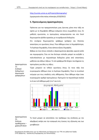 171 Επιμοπθωηικό ςλικό για ηην επιμόπθωζη ηων εκπαιδεςηικών - Τεύσορ 1 (Γενικό Μέπορ)
Επιμόπθωζη Εκπαιδεςηικών για ηην Αξιοποίηζη και Εθαπμογή ηων ΤΠΕ ζηη Διδακηική Ππάξη
ΙΤΥΕ Διόθανηορ - Διεύθςνζη Επιμόπθωζηρ και Πιζηοποίηζηρ
http://sunsite.univie.ac.at/Projects/demography/
(θμερομθνία τελευταίασ επίςκεψθσ 9/10/2012)
5. Προτεινόμενεσ Δραςτθριότθτεσ
Δραςτθριότθτα
1θ
Συλλογι
δεδομζνων-
Δθμιουργία
γραφθμάτων
Ρρόκειται για τθν πραγματοποίθςθ μιασ ζρευνασ μζςα ςτθν τάξθ ςε
ςχζςθ με το δθμοφιλζσ άκλθμα ανάμεςα ςτουσ ςυμμακθτζσ τουσ. Οι
μακθτζσ ερωτϊνται, οι προτιμιςεισ καταμετρϊνται και ςτο Excel
δθμιουργείται φφλλο εργαςίασ με τα αρικμθτικά δεδομζνα.
Στθ ςυνζχεια δθμιουργείται γράφθμα (μπάρεσ) και δίνονται
απαντιςεισ ςε ερωτιςεισ όπωσ: Ροιο άκλθμα είναι το δθμοφιλζςτερο;
Το λιγότερο δθμοφιλζσ; Είναι κάποια εξίςου δθμοφιλι;
Βζβαια ςε ζνα τζτοιο επίπεδο θ δραςτθριότθτα φαντάηει αρκετά απλι
και περιοριςμζνθ. Ζτςι ςε ζνα δεφτερο επίπεδο μπορεί να αυξθκεί θ
πολυπλοκότθτα με περιςςότερα δεδομζνα μζςα από απαντιςεισ
μακθτϊν και άλλων τάξεων. Το νζο γράφθμα κα δείχνει ταυτόχρονα τισ
προτιμιςεισ για όλεσ τισ τάξεισ.
Τϊρα μποροφν να τεκοφν ερωτιςεισ όπωσ: Σε ποια τάξθ ζνα
ςυγκεκριμζνο άκλθμα είναι το λιγότερο δθμοφιλζσ; Ροιο το ςυνολικό
νοφμερο για τουσ οπαδοφσ ενόσ ακλιματοσ; Ροιο άκλθμα πιρε ζναν
ςυγκεκριμζνο αρικμό προτιμιςεων; Ρροτιμοφν τα περιςςότερα παιδιά
το Α και το Β άκλθμα μαηί ι το Γ και το Δ;
Δραςτθριότθτα
2θ
Επίλυςθ
προβλιματοσ –
χριςθ fill down
To Excel μπορεί να αποτελζςει τον πρόδρομο τθσ ςφνδεςθσ με τθν
αλγεβρικι ςκζψθ και τθν ειςαγωγι ςτισ ζννοιεσ τθσ εξίςωςθσ και των
μεταβλθτϊν
 