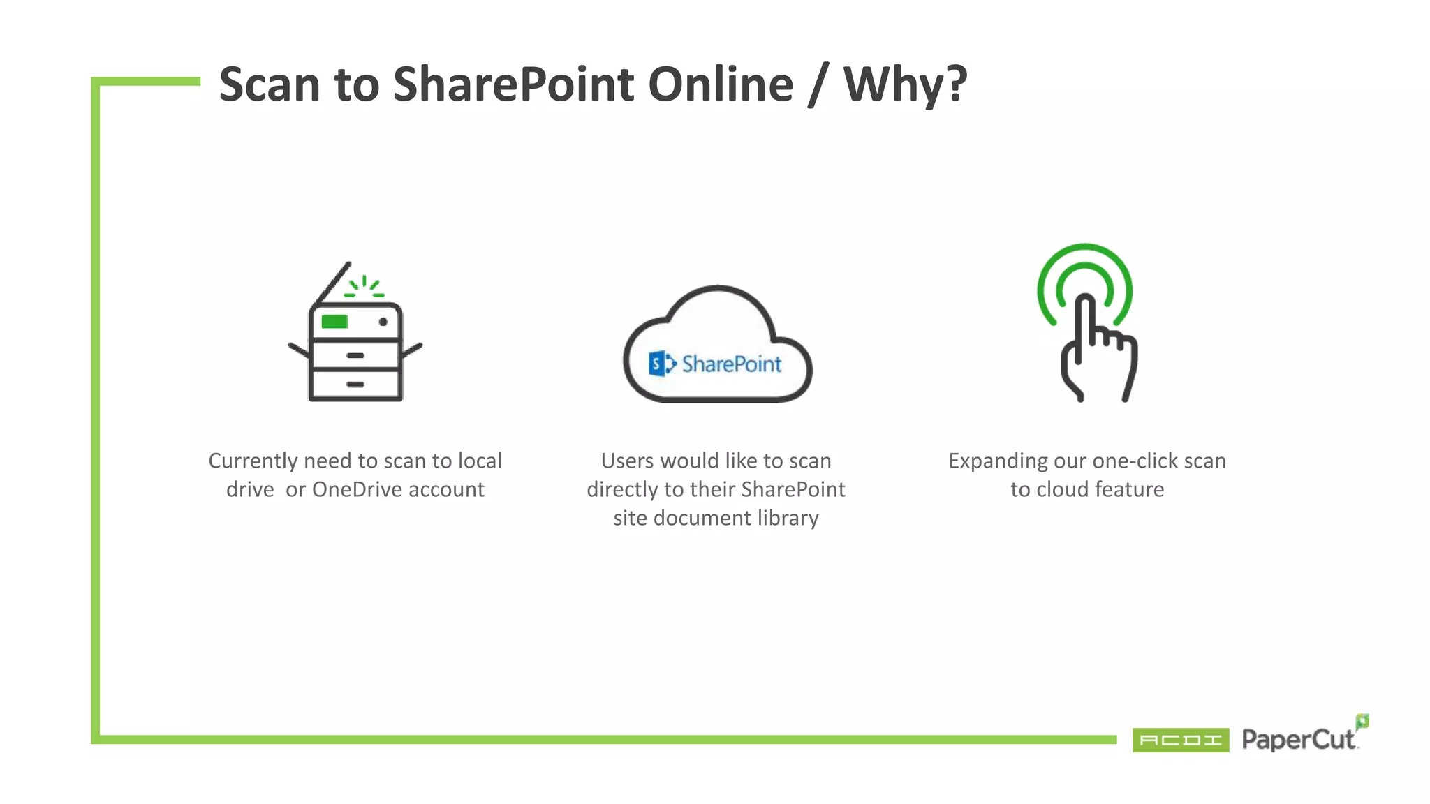 Scan to SharePoint Online / Why?
Currently need to scan to local
drive or OneDrive account
Users would like to scan
directly to their SharePoint
site document library
Expanding our one-click scan
to cloud feature
 