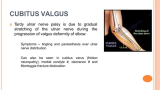 CUBITUS VALGUS
 T
ardy ulnar nerve palsy is due to gradual
stretching of the ulnar nerve during the
progression of valgus deformity of elbow
Symptoms – tingling and paraesthesia over ulnar
nerve distribution
Can also be seen in cubitus varus (friction
neuropathy), medial condyle #, olecranon # and
Monteggia fracture dislocation
 