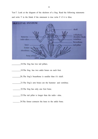 8
Test 7. Look at the diagram of the skeleton of a frog. Read the following statements
and write T in the blank if the statement is true write F if it is false.
18.The frog has two tail pillars.
19.The frog has two ankle bones on each foot.
20..The frog’s breastbone is smaller than it’s skull.
21.The frog’s arm bones are the hummer and vertebrae.
22.The frog has only one foot bone.
23.The tail pillar is longer than the radio – ulna.
24.The femur connects the knee to the ankle bone.
 