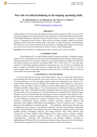 The role of critical thinking in developing speaking skills | PDF