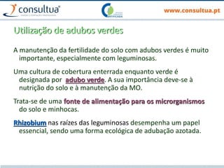 Utilização de adubos verdes
A manutenção da fertilidade do solo com adubos verdes é muito
importante, especialmente com leguminosas.
Uma cultura de cobertura enterrada enquanto verde é
designada por adubo verde. A sua importância deve-se à
nutrição do solo e à manutenção da MO.
Trata-se de uma fonte de alimentação para os microrganismos
do solo e minhocas.
Rhizobium nas raízes das leguminosas desempenha um papel
essencial, sendo uma forma ecológica de adubação azotada.
 