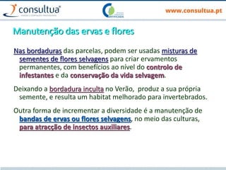Manutenção das ervas e flores
Nas bordaduras das parcelas, podem ser usadas misturas de
sementes de flores selvagens para criar ervamentos
permanentes, com benefícios ao nível do controlo de
infestantes e da conservação da vida selvagem.
Deixando a bordadura inculta no Verão, produz a sua própria
semente, e resulta um habitat melhorado para invertebrados.
Outra forma de incrementar a diversidade é a manutenção de
bandas de ervas ou flores selvagens, no meio das culturas,
para atracção de insectos auxiliares.
 