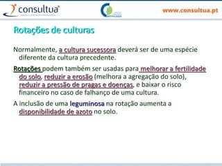 Rotações de culturas
Normalmente, a cultura sucessora deverá ser de uma espécie
diferente da cultura precedente.
Rotações podem também ser usadas para melhorar a fertilidade
do solo, reduzir a erosão (melhora a agregação do solo),
reduzir a pressão de pragas e doenças, e baixar o risco
financeiro no caso de falhanço de uma cultura.
A inclusão de uma leguminosa na rotação aumenta a
disponibilidade de azoto no solo.
 
