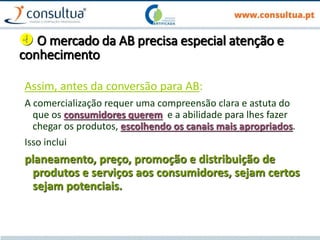  O mercado da AB precisa especial atenção e
conhecimento
Assim, antes da conversão para AB:
A comercialização requer uma compreensão clara e astuta do
que os consumidores querem e a abilidade para lhes fazer
chegar os produtos, escolhendo os canais mais apropriados.
Isso inclui
planeamento, preço, promoção e distribuição de
produtos e serviços aos consumidores, sejam certos
sejam potenciais.
 