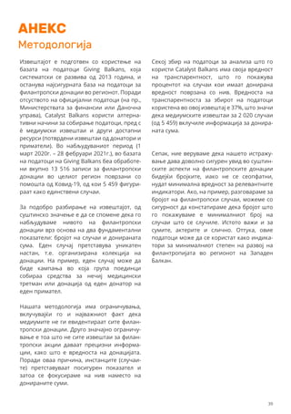 AНЕКС
Извештајот е подготвен со користење на
базата на податоци Giving Balkans, која
систематски се развива од 2013 година, и
останува најсигурната база на податоци за
филантропски донации во регионот. Поради
отсуството на официјални податоци (на пр.,
Министерствата за финансии или Даночна
управа), Catalyst Balkans користи алтерна-
тивни начини за собирање податоци, пред с
è медиумски извештаи и други достапни
ресурси (потврдени извештаи од донатори и
приматели). Во набљудуваниот период (1
март 2020г. – 28 фебруари 2021г.), во базата
на податоци на Giving Balkans беа обработе-
ни вкупно 13 516 записи за филантропски
донации во целиот регион поврзани со
помошта од Ковид-19, од кои 5 459 фигури-
раат како единствени случаи.
За подобро разбирање на извештајот, од
суштинско значење е да се спомене дека го
набљудуваме нивото на филантропски
донации врз основа на два фундаментални
показатели: бројот на случаи и донираната
сума. Еден случај претставува уникатен
настан, т.е. организирана колекција на
донации. На пример, еден случај може да
биде кампања во која група поединци
собираа средства за нечиј медицински
третман или донација од еден донатор на
еден примател.
Нашата методологија има ограничувања,
вклучувајќи го и најважниот факт дека
медиумите не ги евидентираат сите филан-
тропски донации. Друго значајно ограничу-
вање е тоа што не сите извештаи за филан-
тропски акции даваат прецизни информа-
ции, како што е вредноста на донацијата.
Поради оваа причина, инстанците (случаи-
те) претставуваат посигурен показател и
затоа се фокусираме на нив наместо на
донираните суми.
Секој збир на податоци за анализа што го
користи Catalyst Balkans има своја вредност
на транспарентност, што го покажува
процентот на случаи кои имаат донирана
вредност поврзана со нив. Вредноста на
транспарентноста за збирот на податоци
користена во овој извештај е 37%, што значи
дека медиумските извештаи за 2 020 случаи
(од 5 459) вклучиле информација за донира-
ната сума.
Сепак, ние веруваме дека нашето истражу-
вање дава доволно сигурен увид во суштин-
ските аспекти на филантропските донации
бидејќи бројките, иако не се сеопфатни,
нудат минимална вредност за релевантните
индикатори. Ако, на пример, разговараме за
бројот на филантропски случаи, можеме со
сигурност да констатираме дека бројот што
го покажуваме е минималниот број на
случаи што се случиле. Истото важи и за
сумите, актерите и слично. Оттука, овие
податоци може да се користат како индика-
тори за минималниот степен на развој на
филантропијата во регионот на Западен
Балкан.
Meтодологија
39
 