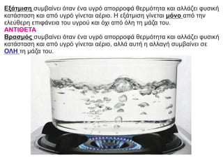 Εξάτμιση συμβαίνει όταν ένα υγρό απορροφά θερμότητα και αλλάζει φυσική
κατάσταση και από υγρό γίνεται αέριο. Η εξάτμιση γίνεται μόνο από την
ελεύθερη επιφάνεια του υγρού και όχι από όλη τη μάζα του.
ΑΝΤΙΘΕΤΑ
Βρασμός συμβαίνει όταν ένα υγρό απορροφά θερμότητα και αλλάζει φυσική
κατάσταση και από υγρό γίνεται αέριο, αλλά αυτή η αλλαγή συμβαίνει σε
τη μάζα του.
ΟΛΗ
 
