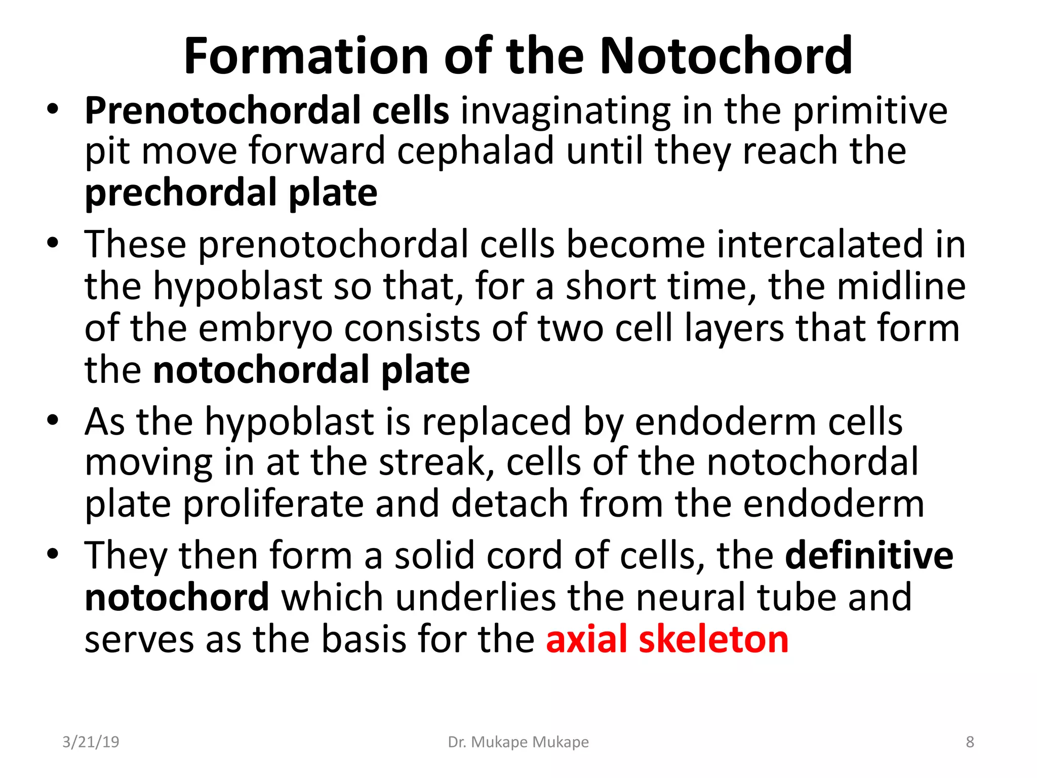 Formation of the Notochord
• Prenotochordal cells invaginating in the primitive
pit move forward cephalad until they reach the
prechordal plate
• These prenotochordal cells become intercalated in
the hypoblast so that, for a short time, the midline
of the embryo consists of two cell layers that form
the notochordal plate
• As the hypoblast is replaced by endoderm cells
moving in at the streak, cells of the notochordal
plate proliferate and detach from the endoderm
• They then form a solid cord of cells, the definitive
notochord which underlies the neural tube and
serves as the basis for the axial skeleton
3/21/19 Dr. Mukape Mukape 8
 