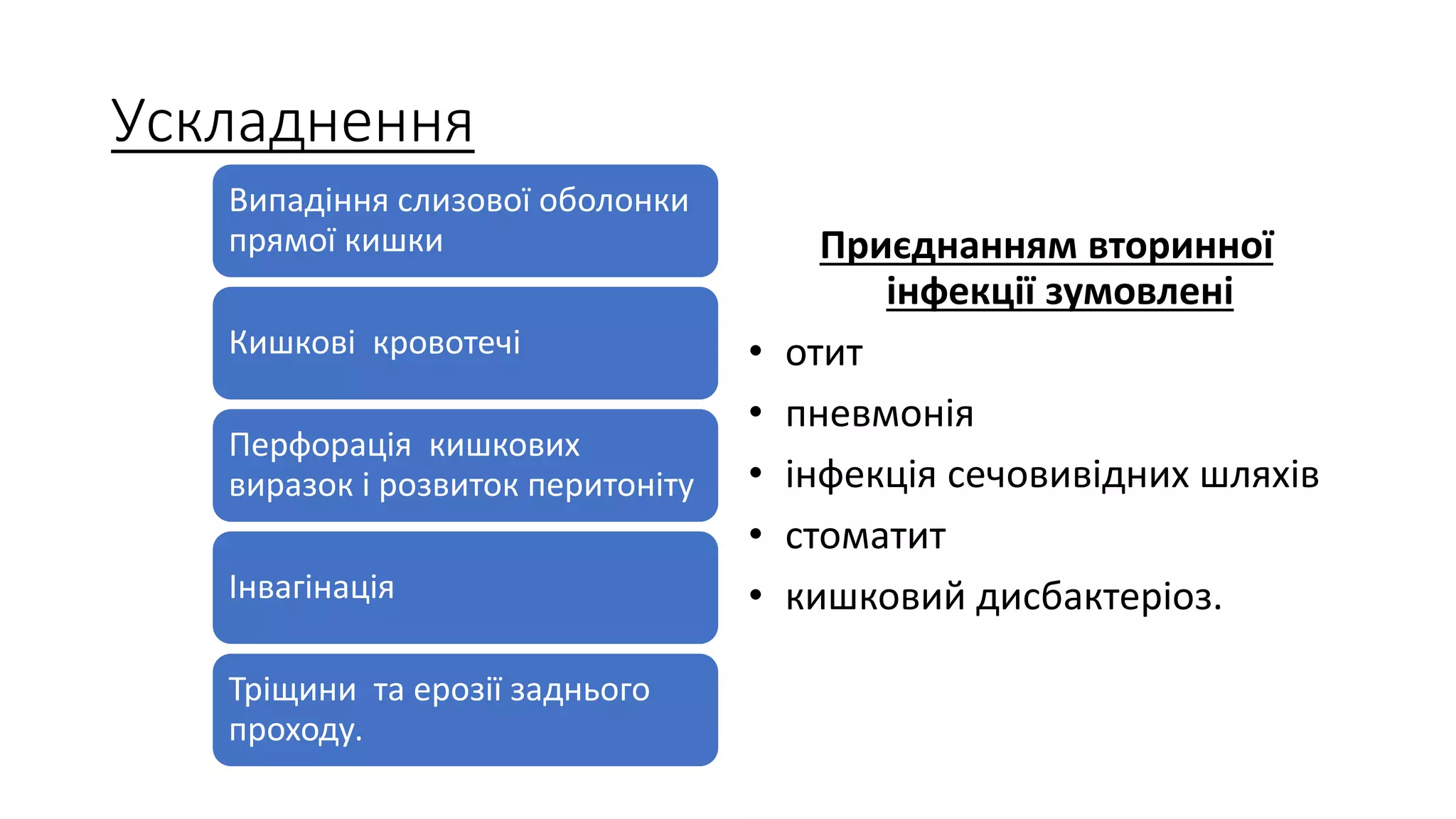 Ускладнення
Випадіння слизової оболонки
прямої кишки
Кишкові кровотечі
Перфорація кишкових
виразок і розвиток перитоніту
Інвагінація
Тріщини та ерозії заднього
проходу.
Приєднанням вторинної
інфекції зумовлені
• отит
• пневмонія
• інфекція сечовивідних шляхів
• стоматит
• кишковий дисбактеріоз.
 