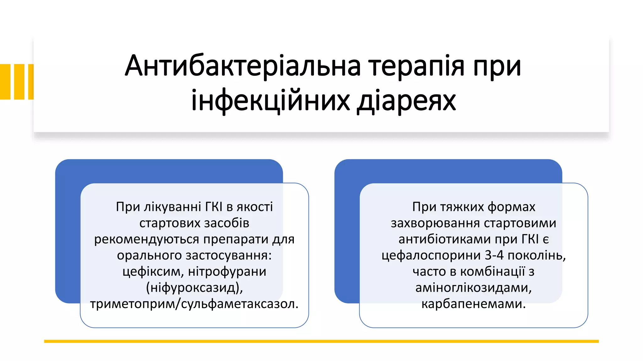 Антибактеріальна терапія при
інфекційних діареях
При лікуванні ГКІ в якості
стартових засобів
рекомендуються препарати для
орального застосування:
цефіксим, нітрофурани
(ніфуроксазид),
триметоприм/сульфаметаксазол.
При тяжких формах
захворювання стартовими
антибіотиками при ГКІ є
цефалоспорини 3-4 поколінь,
часто в комбінації з
аміноглікозидами,
карбапенемами.
 