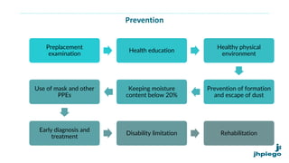 Prevention
Preplacement
examination
Health education
Healthy physical
environment
Prevention of formation
and escape of dust
Keeping moisture
content below 20%
Use of mask and other
PPEs
Early diagnosis and
treatment
Disability limitation Rehabilitation
 