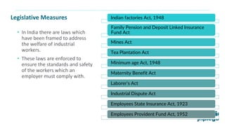Legislative Measures
• In India there are laws which
have been framed to address
the welfare of industrial
workers.
• These laws are enforced to
ensure the standards and safety
of the workers which an
employer must comply with.
Indian factories Act, 1948
Family Pension and Deposit Linked Insurance
Fund Act
Mines Act
Tea Plantation Act
Minimum age Act, 1948
Maternity Benefit Act
Laborer’s Act
Industrial Dispute Act
Employees State Insurance Act, 1923
Employees Provident Fund Act, 1952
 