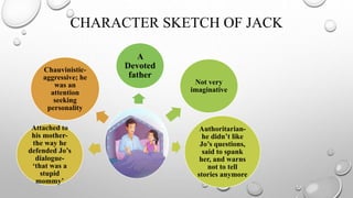 CHARACTER SKETCH OF JACK
A
Devoted
father
Not very
imaginative
Authoritarian-
he didn’t like
Jo’s questions,
said to spank
her, and warns
not to tell
stories anymore
Attached to
his mother-
the way he
defended Jo’s
dialogue-
‘that was a
stupid
mommy’
Chauvinistic-
aggressive; he
was an
attention
seeking
personality
 