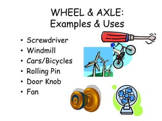 WHEEL & AXLE:
Examples & Uses
• Screwdriver
• Windmill
• Cars/Bicycles
• Rolling Pin
• Door Knob
• Fan
 