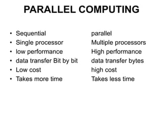 PARALLEL COMPUTING
• Sequential parallel
• Single processor Multiple processors
• low performance High performance
• data transfer Bit by bit data transfer bytes
• Low cost high cost
• Takes more time Takes less time
 