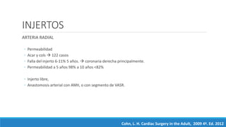 INJERTOS
ARTERIA RADIAL
◦ Permeabilidad
◦ Acar y cols  122 casos
◦ Falla del injerto 6-11% 5 años.  coronaria derecha principalmente.
◦ Permeabilidad a 5 años 98% a 10 años <82%
◦ Injerto libre,
◦ Anastomosis arterial con AMII, o con segmento de VASR.
Cohn, L. H. Cardiac Surgery in the Adult, 2009 4ª. Ed. 2012
 