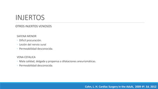 INJERTOS
OTROS INJERTOS VENOSOS
SAFENA MENOR
◦ Dificil procuración.
◦ Lesión del nervio sural
◦ Permeabilidad desconocida.
VENA CEFALICA
◦ Mala calidad, delgada y propensa a dilataciones aneurismáticas.
◦ Permeabilidad desconocida.
Cohn, L. H. Cardiac Surgery in the Adult, 2009 4ª. Ed. 2012
 
