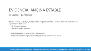 EVIDENCIA: ANGINA ESTABLE
ICP VS CABG  DA PROXIMAL
2 meta análisis (1,210 y 1,952 pacientes respectivamente) Lesiones de la DA proximal con
seguimiento de 4 años.
◦ ICP stents sin recubrir.
◦ CABG 60% injerto arteriales.
◦ Mortalidad global y cardiaca, EVC e IAM similares.
◦ Mayor incidencia de angina recurrente y RE-revascularización con la ICP.
Guía de práctica clínica de la ESC sobre revascularización miocárdica, 2014 Rev Esp Cardiol. 2015;68(2):144.e1–e95
 