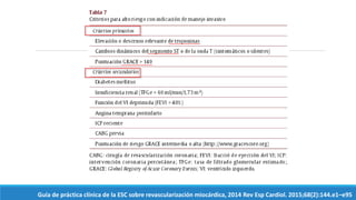 Guía de práctica clínica de la ESC sobre revascularización miocárdica, 2014 Rev Esp Cardiol. 2015;68(2):144.e1–e95
 