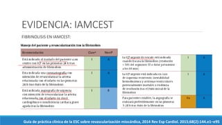 EVIDENCIA: IAMCEST
FIBRINOLISIS EN IAMCEST:
Guía de práctica clínica de la ESC sobre revascularización miocárdica, 2014 Rev Esp Cardiol. 2015;68(2):144.e1–e95
 