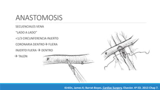 ANASTOMOSIS
SECUENCIALES VENA
“LADO A LADO”
<1/3 CIRCUNFERENCIA INJERTO
CORONARIA DENTRO FUERA
INJERTO FUERA  DENTRO
 TALON
Kirklin, James K; Barrat-Boyes. Cardiac Surgery. Elsevier. 4ª ED. 2013 Chap 7.
 