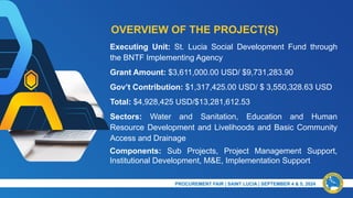 OVERVIEW OF THE PROJECT(S)
Executing Unit: St. Lucia Social Development Fund through
the BNTF Implementing Agency
Grant Amount: $3,611,000.00 USD/ $9,731,283.90
Gov’t Contribution: $1,317,425.00 USD/ $ 3,550,328.63 USD
Total: $4,928,425 USD/$13,281,612.53
Sectors: Water and Sanitation, Education and Human
Resource Development and Livelihoods and Basic Community
Access and Drainage
Components: Sub Projects, Project Management Support,
Institutional Development, M&E, Implementation Support
PRESENTATION TITLE & DATE
PROCUREMENT FAIR | SAINT LUCIA | SEPTEMBER 4 & 5, 2024​
 