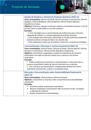 Proposta de Atividade
Gestão de Resíduos e Manejo de Produtos Químicos (ODS 12)
Áreas contempladas: Ciências da Saúde, Ciências Humanas e Licenciaturas, Ciências
Agrágrias, Ciências Biológicas, Ciências Agrárias, Ciências Sociais Aplicadas,
Engenharias e Exatas.
Objetivos: direcionar a gestão correta dos resíduos e de produtos químicos, a fim de
prevenir danos à saúde pública e ao meio ambiente.
Exemplos:
 Criar estratégias para a conscientização de profissionais para o descarte
adequado de resíduos e o manejo adequado de produtos químicos.
 Criar projetos para informação relacionada ao manejo ambiental saudável de
produtos químicos ao longo de todo o seu ciclo de vida.
 Criar workshops e ações que incentivem e informem a respeito da reciclagem.
Conscientização e Educação e Turismo Sustentável (ODS 12)
Áreas contempladas: Ciências Exatas, Ciências da Saúde, Ciências Agrárias, Ciências
Humanas e Licenciaturas, Ciências Sociais Aplicadas e Engenharias.
Objetivos: conscientizar a população a respeito da importância do consumo
sustentável e um estilo de vida em contato com a natureza e do turismo
sustentável.
Exemplos:
 Realizar projetos que aumentam a conscientização e a educação sobre o
consumo sustentável e estilos de vida em harmonia com a natureza.
 Criar iniciativas que desenvolvem e implementam práticas de turismo
sustentável, promovendo a cultura e os produtos locais.
Educação e Conscientização sobre Sustentabilidade Empresarial
(ODS 12)
Áreas contempladas: Ciências Exatas e Ciências Humanas
Objetivos: conscientizar as empresas sobre a importância da sustentabilidade
empresarial.
Exemplos:
 Promover práticas empresariais sustentáveis
 Oferecer workshops e treinamentos sobre economia circular, reciclagem
e utilização de materiais.
 Realiar campanhas de conscientização.
 