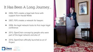 It Has Been A Long Journey…
● 2006, FSFE creates a legal task force with
support from Harald Welte
● 2007, FSFE creates a network for lawyers
● 2008, the legal network hosts its first major legal
conference
● 2015, OpenChain concept by people who were
part of the legal network and also LF
● 2016, OpenChain officially launched as an LF
Project
 