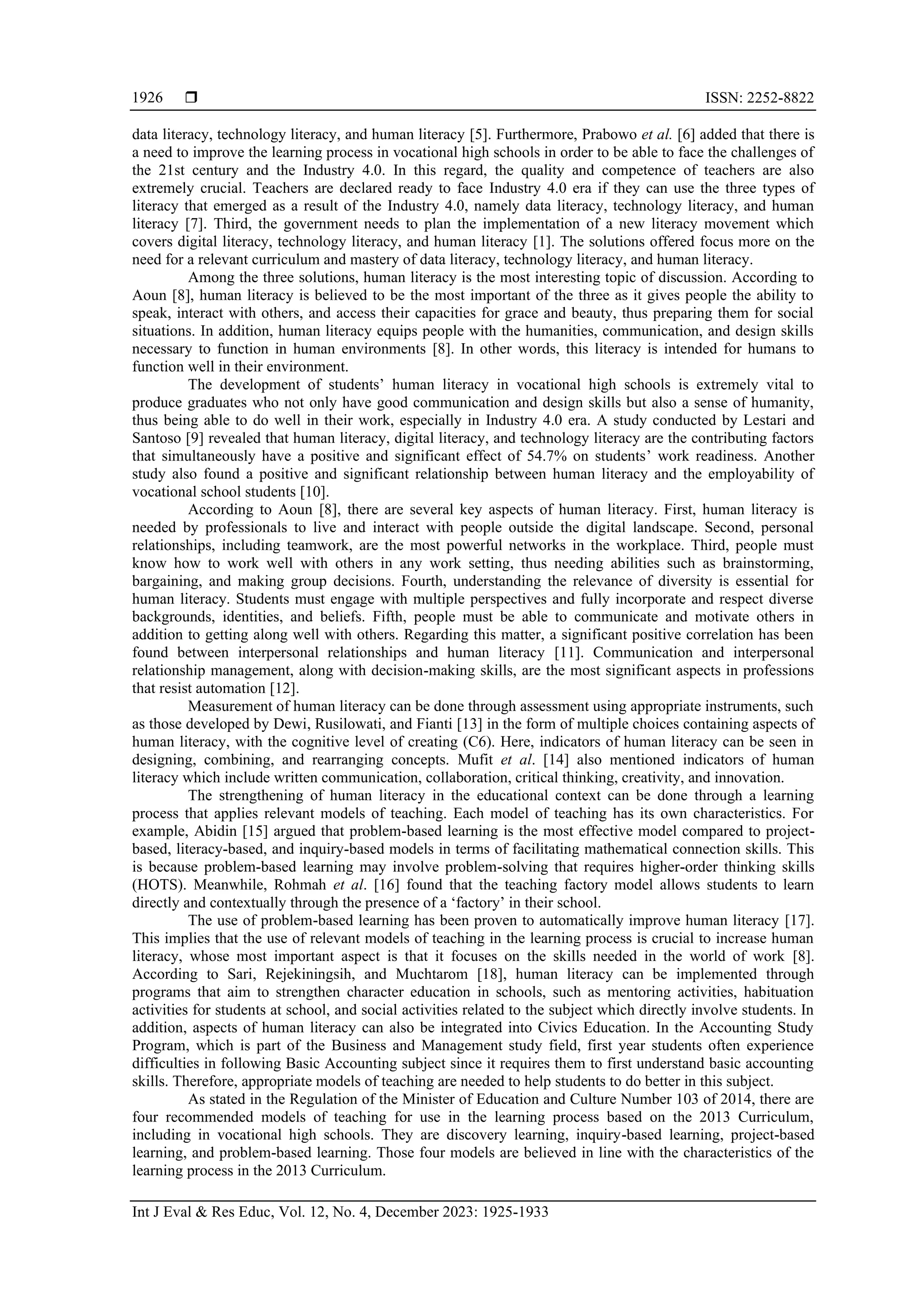 Teacher’s understanding of teaching models and students’ human literacy ...