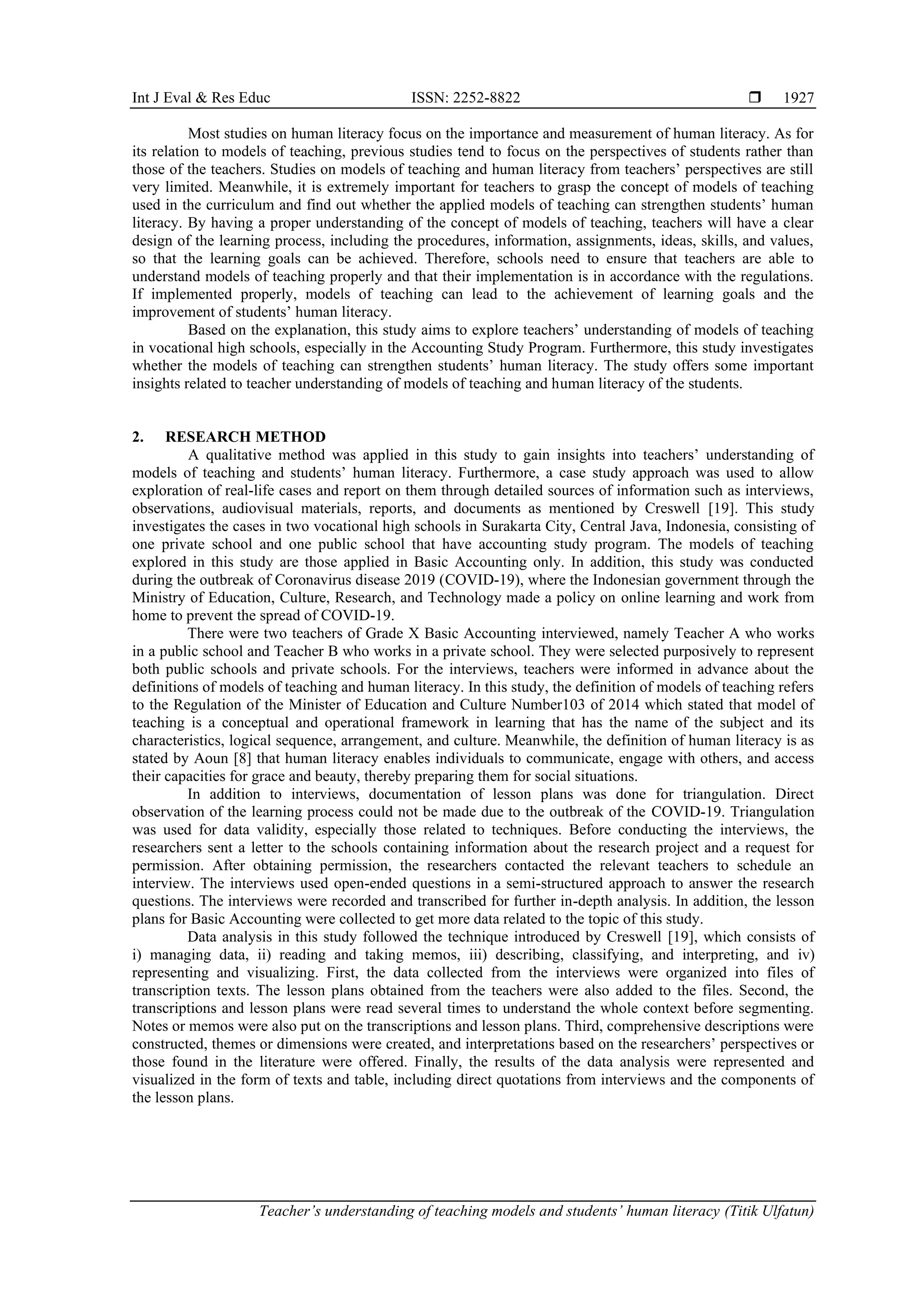 Teacher’s understanding of teaching models and students’ human literacy ...