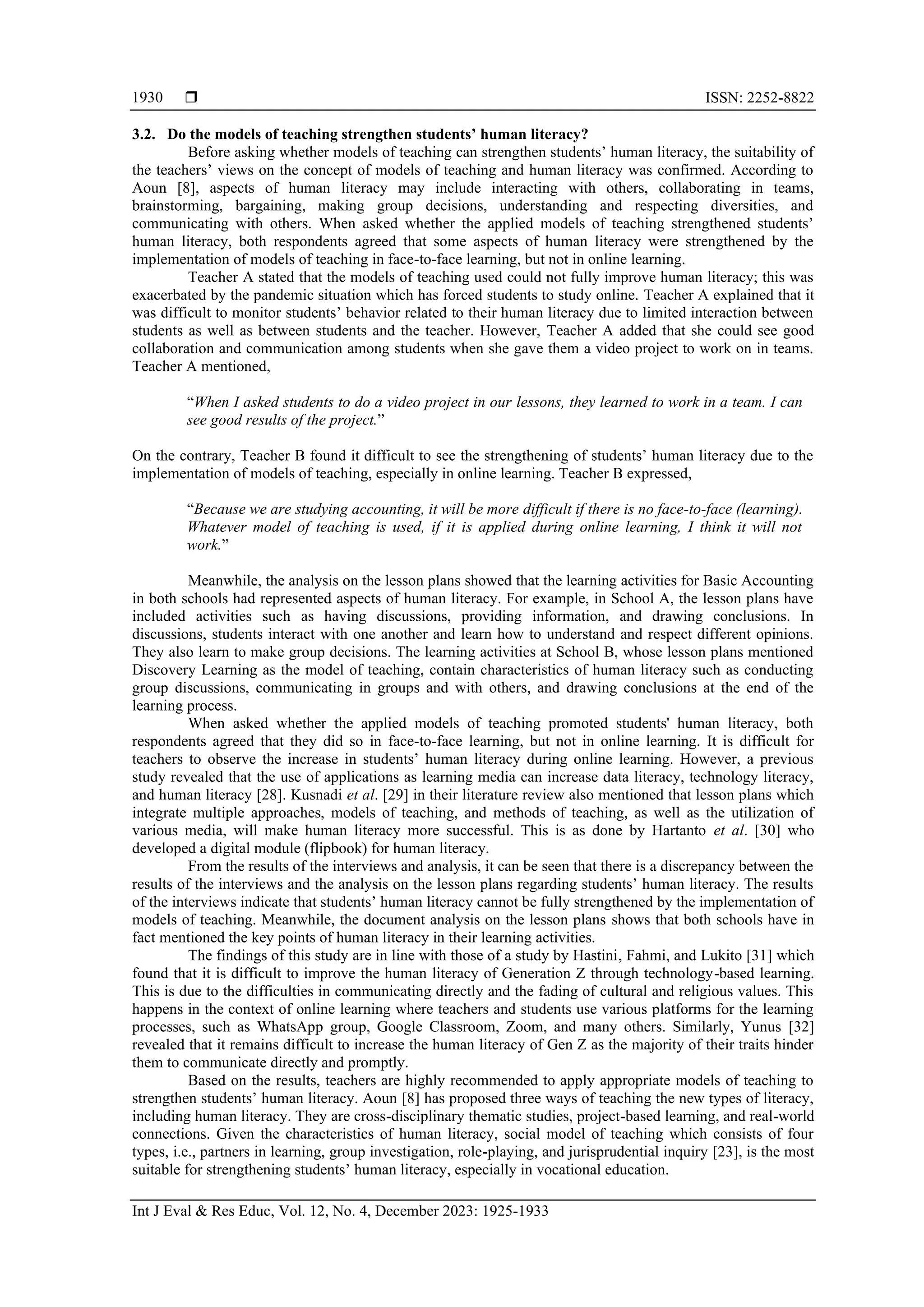 Teacher’s understanding of teaching models and students’ human literacy ...