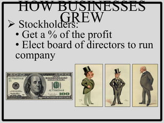 HOW BUSINESSES
          GREW
 Stockholders:
• Get a % of the profit
• Elect board of directors to run
company
 
