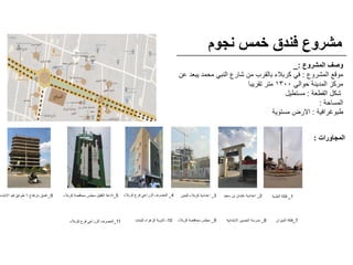 ‫نجوم‬ ‫خمس‬ ‫فندق‬ ‫مشروع‬
‫المشروع‬ ‫وصف‬
:
_
‫المشروع‬ ‫موقع‬
:
‫عن‬ ‫يبعد‬ ‫محمد‬ ‫النبي‬ ‫شارع‬ ‫من‬ ‫بالقرب‬ ‫كربالء‬ ‫في‬
‫حوالي‬ ‫المدينة‬ ‫مركز‬
١٣٠٠
‫تقريبا‬ ‫متر‬
‫القطعة‬ ‫شكل‬
:
‫مستطيل‬
‫المساحة‬
:
‫طبوغرافية‬
:
‫مستوية‬ ‫االرض‬
6
_
‫بارتفاع‬ ‫فندق‬
٦
‫االنشاء‬ ‫قيد‬ ‫طوابق‬ 5
_
‫كربالء‬ ‫محافضة‬ ‫مجلس‬ ‫الكفيل‬ ‫اذاعة‬ 4
_
‫كربالء‬ ‫فرع‬ ‫الزراعي‬ ‫المصرف‬ 3
_
‫للبنين‬ ‫كربالء‬ ‫اعدادية‬ 2
_
‫سعيد‬ ‫بن‬ ‫عثمان‬ ‫اعدادية‬ 1
_
‫البلدية‬ ‫فلكة‬
‫المجاورات‬
:
11
_
‫كربالء‬ ‫فرع‬ ‫الزراعي‬ ‫المصرف‬ 10
-
‫للبنات‬ ‫الزهراء‬ ‫ثانوية‬ 9
_
‫كربالء‬ ‫محافضة‬ ‫مجلس‬ 8
_
‫االبتدائية‬ ‫الحسين‬ ‫مدرسة‬ 7
_
‫الميزان‬ ‫فلكة‬
 