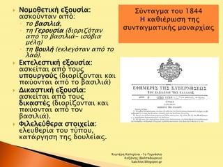 Νομοθετική εξουσία: 
ασκούνταν από: 
◦ το βασιλιά, 
◦ τη Γερουσία (διοριζόταν 
από το βασιλιά- ισόβια 
μέλη) 
◦ τη Βουλή (εκλεγόταν από το 
λαό). 
 Εκτελεστική εξουσία: 
ασκείται από τους 
υπουργούς (διορίζονται και 
παύονται από το βασιλιά) 
 Δικαστική εξουσία: 
ασκείται από τους 
δικαστές (διορίζονται και 
παύονται από τον 
βασιλιά). 
 Φιλελεύθερα στοιχεία: 
ελευθερία του τύπου, 
κατάργηση της δουλείας. 
Χιωτέρη Κατερίνα -1ο Γυμνάσιο 
Κοζάνης (Βαλταδώρειο) 
katchiot.blogspot.gr 
 
