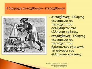  αυτόχθονες: Έλληνες 
γεννημένοι σε 
περιοχές που 
εντάχθηκαν στο 
ελληνικό κράτος. 
 ετερόχθονες: Έλληνες 
γεννημένοι σε 
περιοχές που 
βρίσκονταν έξω από 
τα σύνορα του 
ελληνικού κράτους. 
Χιωτέρη Κατερίνα -1ο Γυμνάσιο 
Κοζάνης (Βαλταδώρειο) 
katchiot.blogspot.gr 
 