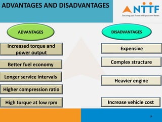 ADVANTAGES AND DISADVANTAGES
ADVANTAGES
Increased torque and
power output
Better fuel economy
Longer service intervals
Higher compression ratio
High torque at low rpm
14
Expensive
Complex structure
Heavier engine
Increase vehicle cost
 