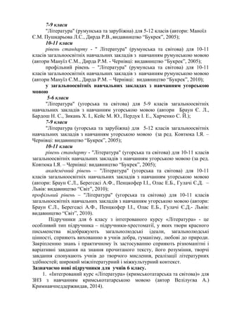 7-9 класи 
"Література" (румунська та зарубіжна) для 5-12 класів (автори: Маноїл 
Є.М. Пушкарьова Л.С., Дирда Р.В.,видавництво “Букрек”, 2005); 
10-11 класи 
рівень стандарту - " Література" (румунська та світова) для 10-11 
класів загальноосвітніх навчальних закладів з навчанням румунською мовою 
(автори Мануїл Є.М., Дирда Р.М. - Чернівці: видавництво “Букрек”, 2005); 
профільний рівень – "Література" (румунська та світова) для 10-11 
класів загальноосвітніх навчальних закладів з навчанням румунською мовою 
(автори Мануїл Є.М., Дирда Р.М. – Чернівці: видавництво “Букрек”, 2010); 
у загальноосвітніх навчальних закладах з навчанням угорською 
мовою 
5-6 класи 
"Література" (угорська та світова) для 5-9 класів загальноосвітніх 
навчальних закладів з навчанням угорською мовою (автори Браун Є. Л., 
Бардош Н. С., Зикань Х. І., Кейс М. Ю., Пердук І. Е., Харченко С. Й.); 
7-9 класи 
"Література (угорська та зарубіжна) для 5-12 класів загальноосвітніх 
навчальних закладів з навчанням угорською мовою (за ред. Ковтюка І.Я. – 
Чернівці: видавництво “Букрек”, 2005); 
10-11 класи 
рівень стандарту - "Література" (угорська та світова) для 10-11 класів 
загальноосвітніх навчальних закладів з навчанням угорською мовою (за ред. 
Ковтюка І.Я. – Чернівці: видавництво “Букрек”, 2005); 
академічний рівень – "Література" (угорська та світова) для 10-11 
класів загальноосвітніх навчальних закладів з навчанням угорською мовою 
(автори: Браун Є.Л., Берегсасі А.Ф., Пенцкофер І.І., Олас Е.Б., Гулачі Є.Д. – 
Львів: видавництво “Світ”, 2010); 
профільний рівень – "Література" (угорська та світова) для 10-11 класів 
загальноосвітніх навчальних закладів з навчанням угорською мовою (автори: 
Браун Є.Л., Берегсасі А.Ф., Пенцкофер І.І., Олас Е.Б., Гулачі Є.Д.- Львів: 
видавництво “Світ”, 2010). 
Підручники для 6 класу з інтегрованого курсу «Література» - це 
особливий тип підручника – підручники-хрестоматії, у яких твори красного 
письменства відображують загальнолюдські ідеали, загальнолюдські 
цінності, сприяють вихованню в учнів добра, гуманізму, любові до природи. 
Закріпленню знань і практичному їх застосуванню сприяють різноманітні і 
варіативні завдання на знання прочитаного тексту, його розуміння, творчі 
завдання спонукають учнів до творчого мислення, реалізації літературних 
здібностей; широкий міжлітературний і міжкультурний контекст. 
Зазначаємо нові підручники для учнів 6 класу. 
1. «Інтегрований курс «Література» (кримськотатарська та світова)» для 
ЗНЗ з навчанням кримськотатарською мовою (автор Велілуєва А.) 
Кримнавчпеддержвидав, 2014). 
 