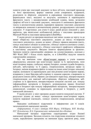 поняття учнів про текстовий документ та його об’єкти, текстовий процесор 
та його призначення, формує навички учнів створювати, відкривати, 
редагувати та зберігати документи в середовищі текстового процесора, 
форматувати текст, виділяти та вилучати, копіювати й переміщувати 
фрагменти тексту з використанням комбінацій клавіш, меню, вставляти 
графічні об’єкти в текстовий документ, знаходити й замінювати фрагменти 
тексту в автоматичному режимі, перевіряти правопис текстових документів 
та виправляти помилки в автоматичному режимі, роздруковувати текстовий 
документ. У підручниках для учнів 6 класу даний розділ описаний у двох 
варіантах, при висвітленні особливостей роботи з текстовим процесором 
Microsoft Word та текстовим процесором LibreOffice. 
У цьому розділі до програми вносяться такі зміни: додано до змісту та до 
вимог «Перегляд текстового документа», додано до змісту: «Створення 
текстового документа», додано до вимог: «Описує правила введення тексту, 
описує властивості абзаців та символів», «Описує поняття ключового слова», 
«Вміє форматувати документ», «Описує властивості графічного зображення 
в текстовому документі». Введено поняття «форматування за зразком». 
Замінено поняття «організаційні діаграми» на «схеми/діаграми», оскільки у 
MO Word 2007 і більш пізніх версіях, та в LibreOffice відсутнє поняття 
«організаційні діаграми». 
Під час вивчення теми «Комп’ютерні мережі» в учнів повинно 
сформуватись уявлення про комп’ютерні мережі та їх призначення, типи 
комп’ютерних мереж, глобальну мережу Інтернет, основні служби Інтернету, 
веб-сайт, веб-сторінку та її адресу, гіперпосилання, авторське право та 
Інтернет, вміння відкривати файли та папки на інших комп’ютерах локальної 
мережі, копіювати та переміщувати дані між різними комп’ютерами мережі, 
відкривати у вікні браузера веб-сторінку із заданою адресою, створювати та 
редагувати список сайтів, обраних для швидкого перегляду, використовувати 
гіперпосилання для навігації веб-сторінками, зберігати зображення, веб- 
сторінки та їх фрагменти, використовувати пошукові системи для пошуку 
інформаційних матеріалів в Інтернеті, дотримуватися правил безпечної 
роботи в Інтернеті при пошуку інформаційних матеріалів, використовувати 
енциклопедії, словники та перекладачі, розміщені в Інтернеті, у своїй 
навчальній діяльності. 
У цьому розділі у зміст програми додано поняття пошукової системи. У 
результаті додано до вимог: «описує призначення комп’ютерних мереж, 
поняття мережної взаємодії», «описує поняття гіперпосилання, авторське 
право». 
Наводимо особливості підручників з інформатики для 6 класів 
загальноосвітніх навчальних закладів. 
«Інформатика. 6 клас» (автори Н.В. Морзе, О.В.Барна, В.П. Вембер, 
О.Г. Кузьмінська, Н.А. Саражинська), видавничий дім «Освіта» 
Навчальний матеріал підручника структуровано згідно базової 
навчальної програми. Загальна кількість тем підручника відповідає кількості 
годин, передбачених програмою на вивчення курсу протягом року, теми 
 