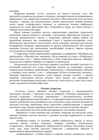 15 Продоаження додатка 2
школярів.
Підручник розвиває логічне, критичне та творче мислення учнів. Він
націлений на розвиток розумового потенціалу школярів шляхом цілеспрямованого
формування у них правильної читацької діяльності. Вона забезпечується системою
запитань і завдань, які вдосконалюють уміння прогнозувати певний розвиток
подій, творчо інтерпретувати отриману за допомогою читання інформацію,
засвоюючи не тільки фактичний зміст літературного твору, але також підтекст і
ідейний задум (смислове ядро).
Перед кожним художнім текстом запропоновано пояснення теоретичних
відомостей, короткі відомості з біографії письменника. Враховуючи тематику та
стильову різноманітність текстів, у підручнику зроблено спробу відійти від
традиційної розповіді про письменника тільки в науково-популярному стилі.
Намагаючись представити тексти різних стилів мовлення, пропонується частину
біографічного матеріалу опрацьовувати на зразках публіцистичного або ділового
мовлення (спогади про письменника, автобіографія, інтерв’ю, коротка наукова
стаття відомого літературознавця тощо).
У підручнику учням запропоновано працювати за рубриками: «Поміркуй над
прочитаним»; «Збагачуй своє мовлення»; «Будь уважним до слова»; «Література в
колі мистецтв»; «Ти ― творча особистість»; «Твої літературні проекти». Завершує
кожен розділ сторінка «Перевір, чи старанно ти навчаєшся».
Інтерактивні технології навчання сприяють постійній активній діяльності та
позитивній взаємодії всіх учнів. Підручник націлює на колективне, групове,
індивідуальне навчання, самонавчання, самоконтроль і самооцінювання, навчання
у співпраці, коли вчитель і учні ― рівноправні суб'єкти пізнавальної діяльності.
Завдання підручника спонукають учнів займати активну позицію в процесі
навчання, моделювати життєві ситуації. Типи завдань, які спрямовані на
реалізацію інтерактивних діалогових технологій: учень-учитель, учень-учні, учень-
учень; завдання на вільний вибір тощо.
Світова література
Головною метою вивчення світової літератури у загальноосвітніх
навчальних закладах є залучення учнів до найвищих досягнень національної та
світової літератури і культури, національних і загальнолюдських духовних
цінностей, формування комунікативної та літературної компетентностей, розвиток
творчих здібностей учнів, виховання в них естетичного смаку, високої читацької та
загальної культури, вироблення вмінь самостійно ознайомлюватися зі зразками
мистецтва слова, свідомо сприймати втілені в них естетичні й духовні цінності.
Для досягнення цієї мети необхідно вирішувати такі основні завдання:
- формувати в учнів уявлення про художню літературу як мистецтво слова,
важливу складову системи мистецтв і духовної культури українського та інших
народів світу;
- виховувати повагу до духовних скарбів українського народу та всього
людства, расову, етнічну, соціальну, гендерну, релігійну, індивідуальну
толерантність, здатність формувати, формулювати й активно відстоювати власну
точку зору, свою систему життєвих цінностей і пріоритетів, зберігати й
примножувати кращі національні традиції;
- відпрацьовувати з учнями вміння й навички аналізу художнього тексту,
 