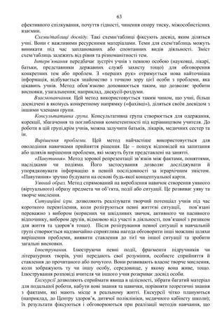 63 Продоаження додатка 2
ефективного спілкування, почуття гідності, чинення опору тиску, міжособистісних
взаємин.
Схеми/таблиці досвіду. Такі схеми/таблиці фіксують досвід, яким діляться
учні. Вони є важливими ресурсними матеріалами. Теми для схем/таблиць можуть
виникати під час запланованих або спонтанних видів діяльності. Зміст
схем/таблиць залежить від рівня та різноманітності тем.
Інтерв’ювання передбачає зустріч учнів з певною особою (науковці, лікарі,
батьки, представники державних служб захисту тощо) для обговорення
конкретних тем або проблем. З «перших рук» отримується нова найточніша
інформація, відбувається знайомство з точкою зору цієї особи з проблеми, яка
цікавить учнів. Метод обов’язково доповнюється таким, що дозволяє зробити
висновки, узагальнення; наприклад, дискусії-роздуми.
Взаємонавчання. Цей метод використовується таким чином, що учні, більш
досвідчені в якомусь конкретному напрямку («фахівці»), діляться своїм досвідом з
іншими членами групи.
Консультативна група. Консультативна група створюється для одержання,
корекції, збагачення та поглиблення компетентності під керівництвом учителя. До
роботи в цій групі,крім учнів, можна залучити батьків, лікарів, медичних сестер та
ін.
Вирішення проблеми. Цей метод найчастіше використовується для
оволодіння навичками прийняття рішення. Це – пошук відповідей на запитання
або шляхів вирішення проблеми, які можуть бути представлені на занятті.
«Павутиння». Метод зорової репрезентації зв’язків між фактами, поняттями,
наслідками чи подіями. Його застосування дозволяє досліджувати й
упорядковувати інформацію в певній послідовності за ієрархічним змістом.
«Павутиння» зручно будувати на основі будь-якої концептуальної карти.
Уявний образ. Метод спрямований на вироблення навичок створення уявного
(віртуального) образу предмета чи об’єкта, події або ситуації. Це розвиває уяву та
творче мислення.
Ситуаційні ігри. дозволяють реалізувати творчий потенціал учнів під час
короткого перевтілення, коли розігруються певні життєві ситуації, пов’язані
переважно з вибором (корисних чи шкідливих звичок, активного чи пасивного
відпочинку, вибором друзів, відмовою від участі в діяльності, пов’язаної з ризиком
для життя та здоров’я тощо). Після розігрування певної ситуації в навчальній
групі створюється надзвичайно сприятлива нагода обговорити інші можливі шляхи
вирішення проблеми, виявити ставлення до тієї чи іншої ситуації та зробити
загальні висновки.
Ілюстрування. Ілюструючи певні події, фрагменти підручників чи
літературних творів, учні передають свої розуміння, особисте сприйняття й
ставлення до прочитаного або почутого. Вони розвивають власне творче мислення,
коли зображують ту чи іншу особу, середовище, у якому вона живе, тощо.
Ілюстрування розповіді вчителя чи іншого учня розкриває досвід особи.
Екскурсії дозволяють сприймати явища в цілісності, зібрати багатий матеріал
для подальшої роботи, набути нові знання та навички, порівняти теоретичні знання
з фактами, які мають місце в реальному житті. Екскурсії чітко плануються
(наприклад, до Центру здоров’я, дитячої поліклініки, медичного кабінету школи);
їх результати фіксуються і обговорюються при реалізації методів навчання, що
 