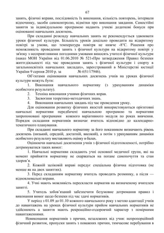 67 Продоаження додатка 2
занять, фізичні вправи, послідовність їх виконання, кількість повторень, інтервали
відпочинку, засоби самоконтролю, відмітки про виконання завдання. Самостійні
заняття за індивідуальною програмою надають учневі додаткові бонуси при
оцінюванні навчальних досягнень.
При складанні розкладу навчальних занять не рекомендується здвоювати
уроки фізичної культури. Більшість уроків доцільно проводити на відкритому
повітрі за умови, що температура повітря не нижче -8°С. Рішення про
неможливість проведення занять з фізичної культури на відкритому повітрі у
зв'язку з несприятливими погодними умовами виносять учителі фізичної культури
(наказ МОН України від 01.06.2010 № 521«Про затвердження Правил безпеки
життєдіяльності під час проведення занять з фізичної культури і спорту в
загальноосвітніх навчальних закладах», зареєстрований в Міністерстві юстиції
України 9 серпня 2010 р. за № 651/17946).
Об’єктами оцінювання навчальних досягнень учнів на уроках фізичної
культури можуть бути:
1. Виконання навчального нормативу (з урахуванням динаміки
особистого результату).
2. Техніка виконання учнями фізичних вправ.
3. Засвоєння теоретико-методичних знань.
4. Виконання навчальних завдань під час проведення уроку.
Для оцінювання розвитку фізичних якостей використовуються орієнтовні
навчальні нормативи передбачені навчальною програмою та нормативи
запропоновані програмами кожного варіативного модуля по роках вивчення.
Порядок складання нормативів визначає вчитель відповідно до календарно-
тематичного планування.
При складанні навчального нормативу за його показником визначають рівень
досягнень (низький, середній, достатній, високий), а потім з урахуванням динаміки
особистого результату виставляють оцінку в балах.
Оцінюючи навчальні досягнення учнів з фізичної підготовленості, потрібно
дотримуватися таких вимог:
1. Навчальні нормативи складають учні основної медичної групи, які на
момент прийняття нормативу не скаржаться на погане самопочуття та стан
здоров’я.
2. Кожній заліковій вправі передує спеціальна фізична підготовка (не
менше як на двох заняттях).
3. Перед складанням нормативу вчитель проводить розминку, а після —
відновлювальні вправи.
4. Учні мають можливість перескласти норматив на визначеному вчителем
занятті.
5. Учитель зобов’язаний забезпечити безумовне дотримання правил і
виконання вимог щодо безпеки під час здачі нормативів.
У період з 01.09 до 01.10 кожного навчального року з метою адаптації учнів
до навантажень на уроках фізичної культури прийом навчальних нормативів не
здійснюють а заняття мають рекреаційно-оздоровчий характер з помірними
навантаженнями.
Невиконання нормативів з причин, незалежних від учня: непропорційний
фізичний розвиток, пропуски занять з поважних причин, тимчасове перебування в
 