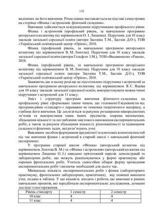 110
виділених на його вивчення. Річна оцінка виставляється на підставі семестрових
на сторінці «Фізика і астрономія: фізичний складник».
Навчання здійснюється завідповідними підручниками профільного рівня:
Фізика і астрономія (профільний рівень, за навчальною програмою
авторськогоколективупід керівництвом О. І. Ляшенка). Підручник для 10 класу
закладів загальної середньої освіти (автори Засєкіна Т.М., Засєкін Д.О.), ТОВ
«Український освітянський центр «Оріон», 2018.
Фізика (профільний рівень, за навчальною програмою авторського
колективу під керівництвом В. М. Локтєва). Підручник для 10 класу закладів
загальної середньої освіти (автори Гельфгат І.М.), ТОВ «Видавництво «Ранок»,
2018.
Фізика (профільний рівень, за навчальною програмою авторського
колективу під керівництвом В. М. Локтєва). Підручник для 10 класу закладів
загальної середньої освіти (автори Засєкіна Т.М., Засєкін Д.О.), ТОВ
«Український освітянський центр «Оріон», 2018.
Зважаючи, що в цьому роціще не підготовлено підручника з астрономії за
навчальною програмою авторського колективу під керівництвом Я. С. Яцківа
для 10 класу закладів загальної середньої освіти, використовувати можна чинні
підручники з астрономії для 11 класу.
Зміст і структуру програми вивчення фізичного складника на
профільному рівні сформовано таким чином, що головною її відмінністю від
програми рівня «стандарт» є переважно не тематика теоретичного матеріалу, а
глибина його вивчення. Це досягається за рахунок розширення міжпредметних
зв’язків та використання знань інших предметів, зокрема математики,
збільшення кількості та поглиблення змістового наповнення експериментальних
робіт, а також за рахунок збільшення кількості, різноманітності та підвищення
складності фізичних задач, які розв’язують учні.
Важливим засобом формування предметної та ключовихкомпетентностей
під час вивчення фізики і астрономії в старшій школі є навчальний фізичний
експеримент.
У програмах старшої школи «Фізика» (авторський колектив під
керівництвом Локтєва В. М.) та «Фізика і астрономія» (авторськийколектив під
керівництвом Ляшенко О. І.) наведено орієнтовний перелік демонстрацій та
лабораторних робіт, що можуть реалізовуватися у формі практикуму або
окремих фронтальних робіт. Учитель самостійно обирає форму проведення
експериментальних робіт і визначає необхідний для цього час.
Мінімальна кількість експериментальних робіт з фізики (лабораторного
практикуму, фронтальних лабораторних, практичних), яку повинні виконати
учні, подано в таблиці. У цю кількість входять і роботи, що виконані в рамках
навчальних проектів, які передбачали експериментальне дослідження, домашні
досліди і спостереження.
Рівень стандарту 1 семестр 2 семестр
10 клас 4 4
11 клас 4 4
 