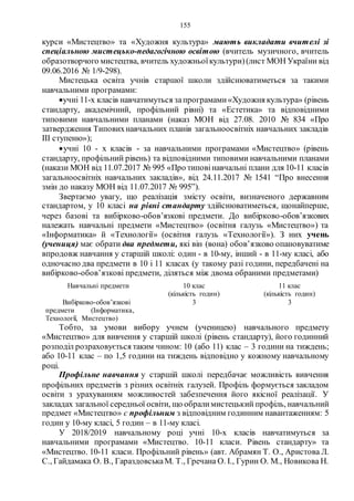 155
курси «Мистецтво» та «Художня культура» мають викладати вчителі зі
спеціальною мистецько-педагогічною освітою (вчитель музичного, вчитель
образотворчого мистецтва, вчитель художньоїкультури)(лист МОН України від
09.06.2016 № 1/9-298).
Мистецька освіта учнів старшої школи здійснюватиметься за такими
навчальними програмами:
учні 11-х класів навчатимуться запрограмами«Художня культура» (рівень
стандарту, академічний, профільний рівні) та «Естетика» та відповідними
типовими навчальними планами (наказ МОН від 27.08. 2010 № 834 «Про
затвердження Типовихнавчальних планів загальноосвітніх навчальних закладів
ІІІ ступеню»);
учні 10 - х класів - за навчальними програмами «Мистецтво» (рівень
стандарту, профільний рівень) та відповідними типовими навчальними планами
(накази МОН від 11.07.2017 № 995 «Про типовінавчальні плани для 10-11 класів
загальноосвітніх навчальних закладів», від 24.11.2017 № 1541 “Про внесення
змін до наказу МОН від 11.07.2017 № 995”).
Звертаємо увагу, що реалізація змісту освіти, визначеного державним
стандартом, у 10 класі на рівні стандарту здійснюватиметься, щонайперше,
через базові та вибірково-обов’язкові предмети. До вибірково-обов’язкових
належать навчальні предмети «Мистецтво» (освітня галузь «Мистецтво») та
«Інформатика» й «Технології» (освітня галузь «Технології»). З них учень
(учениця) має обрати два предмети, які він (вона) обов’язково опановуватиме
впродовж навчання у старшій школі: один - в 10-му, інший - в 11-му класі, або
одночасно два предмети в 10 і 11 класах (у такому разі години, передбачені на
вибірково-обов’язкові предмети, діляться між двома обраними предметами)
Навчальні предмети 10 клас
(кількість годин)
11 клас
(кількість годин)
Вибірково-обов’язкові
предмети (Інформатика,
Технології, Мистецтво)
3 3
Тобто, за умови вибору учнем (ученицею) навчального предмету
«Мистецтво» для вивчення у старшій школі (рівень стандарту), його годинний
розподіл розраховується таким чином: 10 (або 11) клас – 3 години на тиждень;
або 10-11 клас – по 1,5 години на тиждень відповідно у кожному навчальному
році.
Профільне навчання у старшій школі передбачає можливість вивчення
профільних предметів з різних освітніх галузей. Профіль формується закладом
освіти з урахуванням можливостей забезпечення його якісної реалізації. У
закладах загальної середньої освіти, що обралимистецький профіль, навчальний
предмет «Мистецтво» є профільним з відповідним годинним навантаженням: 5
годин у 10-му класі, 5 годин – в 11-му класі.
У 2018/2019 навчальному році учні 10-х класів навчатимуться за
навчальними програмами «Мистецтво. 10-11 класи. Рівень стандарту» та
«Мистецтво. 10-11 класи. Профільний рівень» (авт. Абрамян Т. О., Аристова Л.
С., Гайдамака О. В., ГараздовськаМ. Т., Гречана О. І., Гурин О. М., Новикова Н.
 