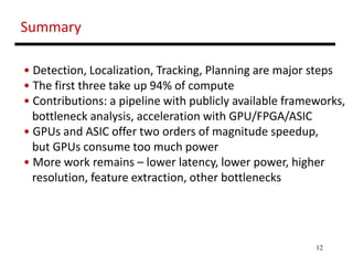 12
Summary
• Detection, Localization, Tracking, Planning are major steps
• The first three take up 94% of compute
• Contri...